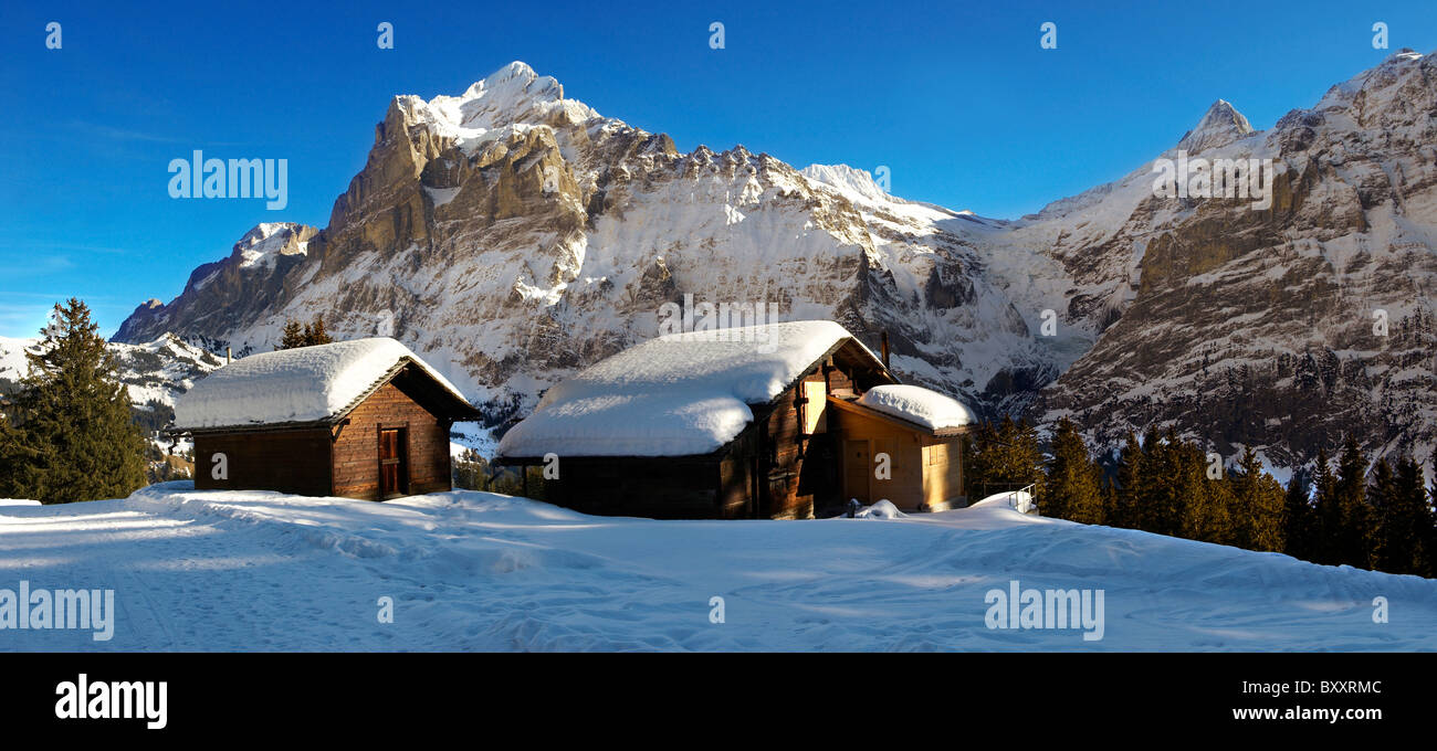 Chalet de montagne en hiver à la recherche vers le mont wetterhorn. Grindelwald, Alpes Suisses Banque D'Images
