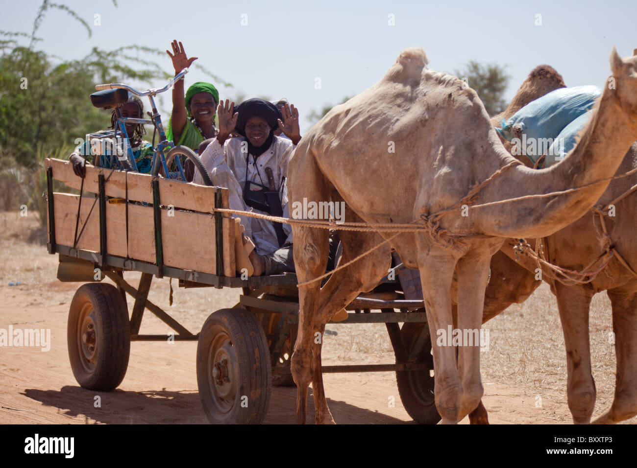 Un groupe de Peuls monter un chameau panier à travers le village de Bourro marché dans le nord du Burkina Faso. Banque D'Images