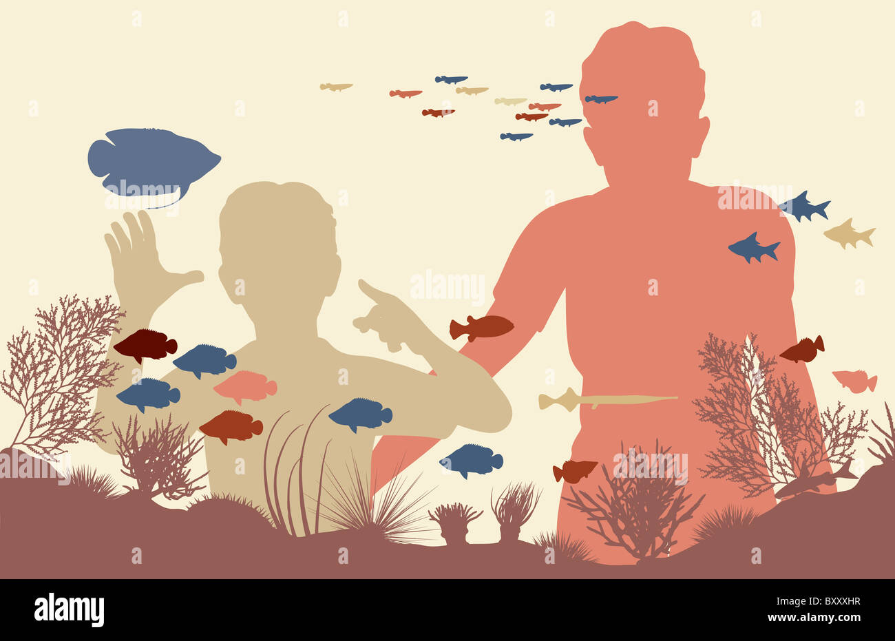 Illustration de la mère et le fils en regardant des poissons dans un aquarium Banque D'Images