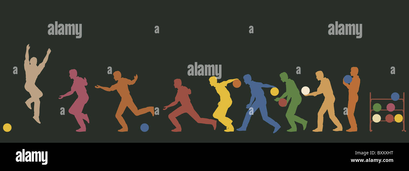 Illustré en couleurs d'une séquence silhouette man bowling Banque D'Images
