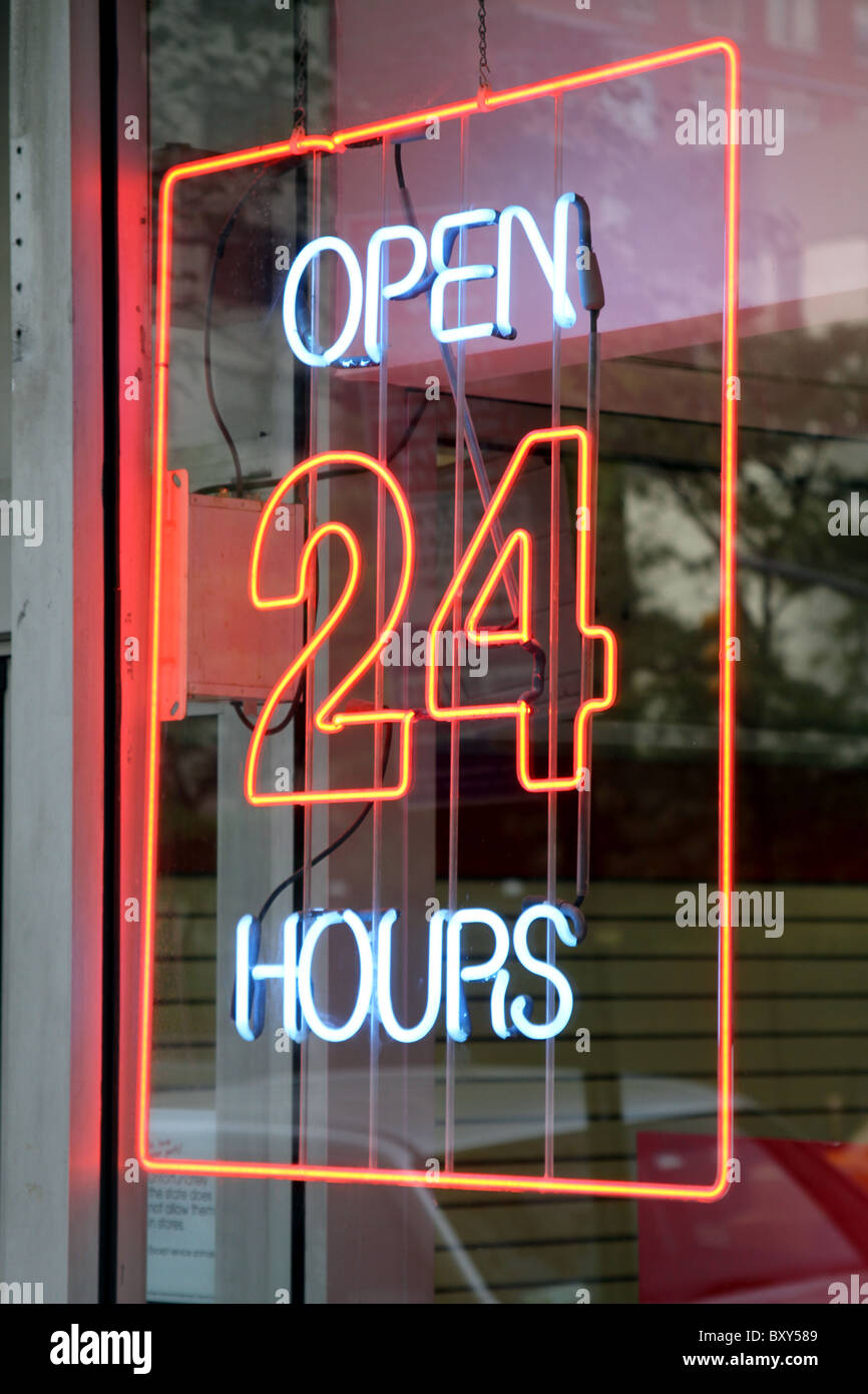Ouvert 24 heures en néon à New York, l'Amérique Banque D'Images
