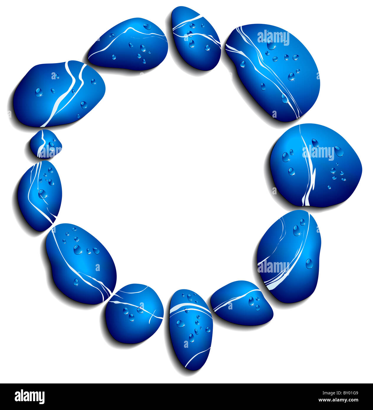 Cercle de cailloux bleu fond avec les gouttelettes d'eau Banque D'Images