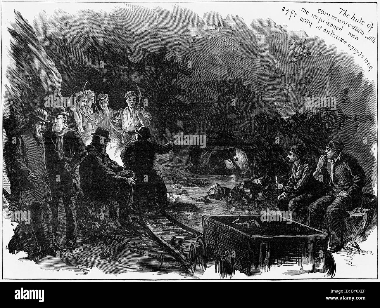 La mine de Troedyrhiw sauvée des hommes de la mine inondée de rester coincés pendant 10 jours gravure datée du 28e Apr victorienne 1877 Banque D'Images