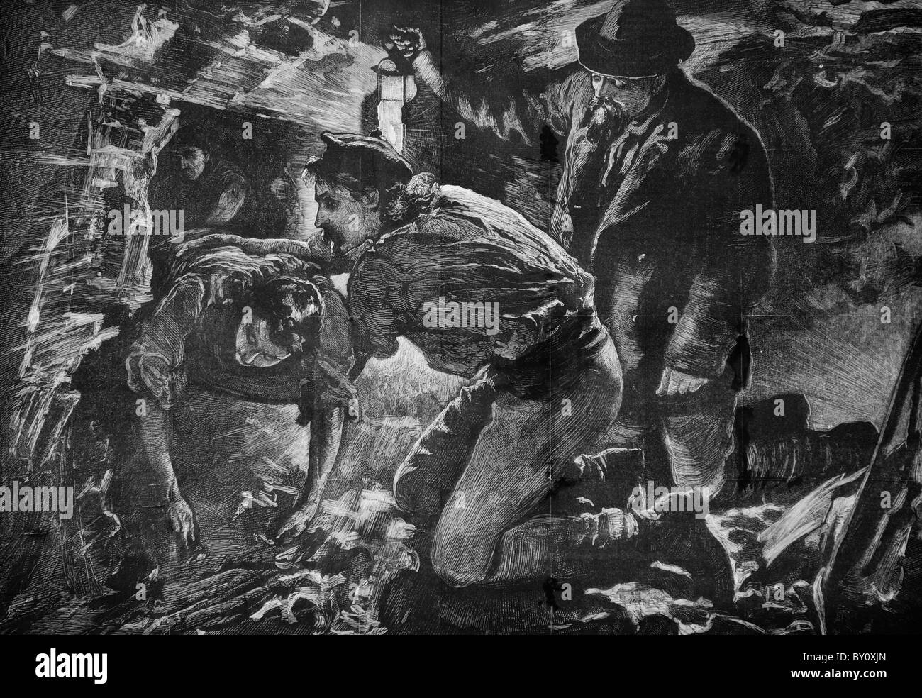 Les hommes de la mine de charbon Troedyrhiw ont été sauvés de l'inondation de la mine pour laquelle ils ont été piégés 10 jours gravure victorienne originale du 28 avril 1877 Sud Pays de Galles Royaume-Uni Banque D'Images