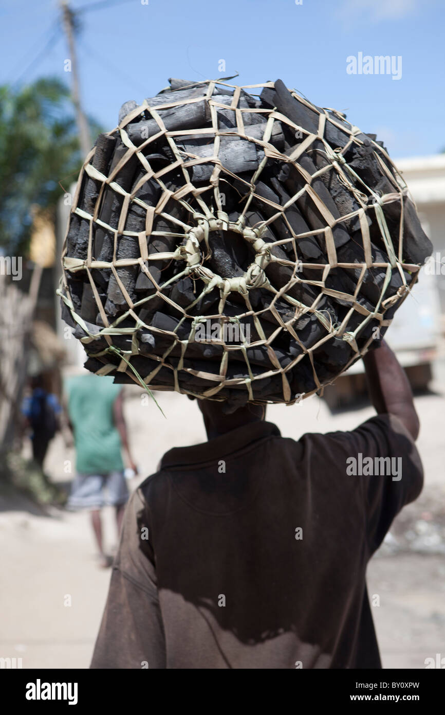 NAMPULA, MOZAMBIQUE, Mai 2010 : la prestation de charbon de porte à porte. Les sacs de charbon de vendre pour 100 MT. (Environ 3,00). Banque D'Images