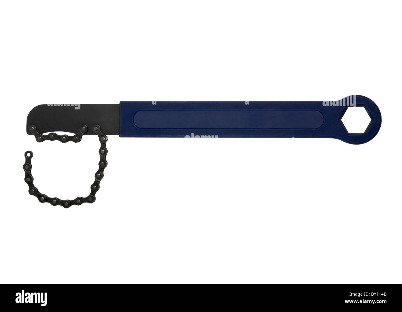 Chaîne de vélo outil whip sur fond blanc Banque D'Images