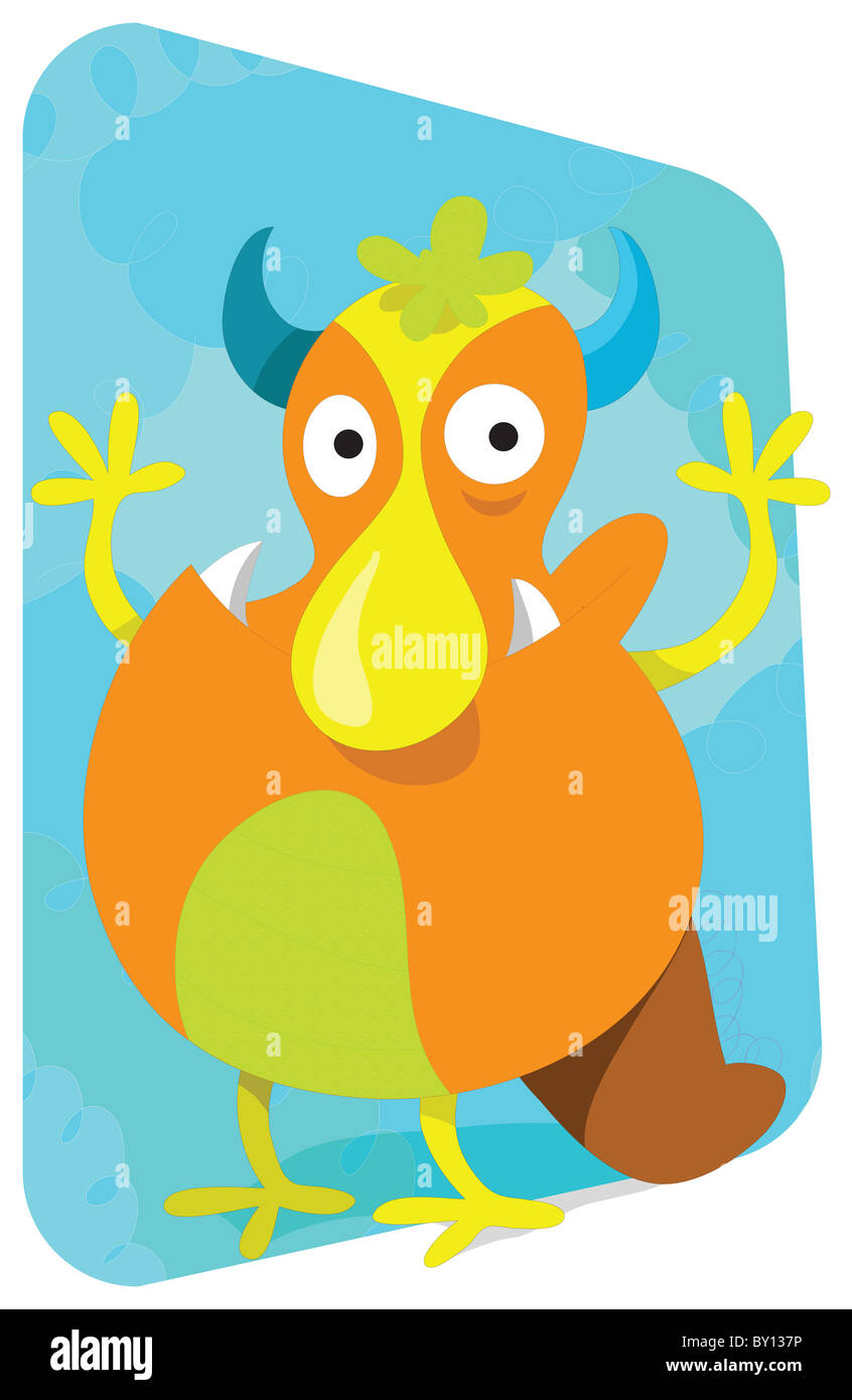 Grande bouche funny cartoon d'un diable, heureux oiseau jaune orange avec les jambes, cornes bleu et des dents pointues. Idéal pour les cartes. Banque D'Images