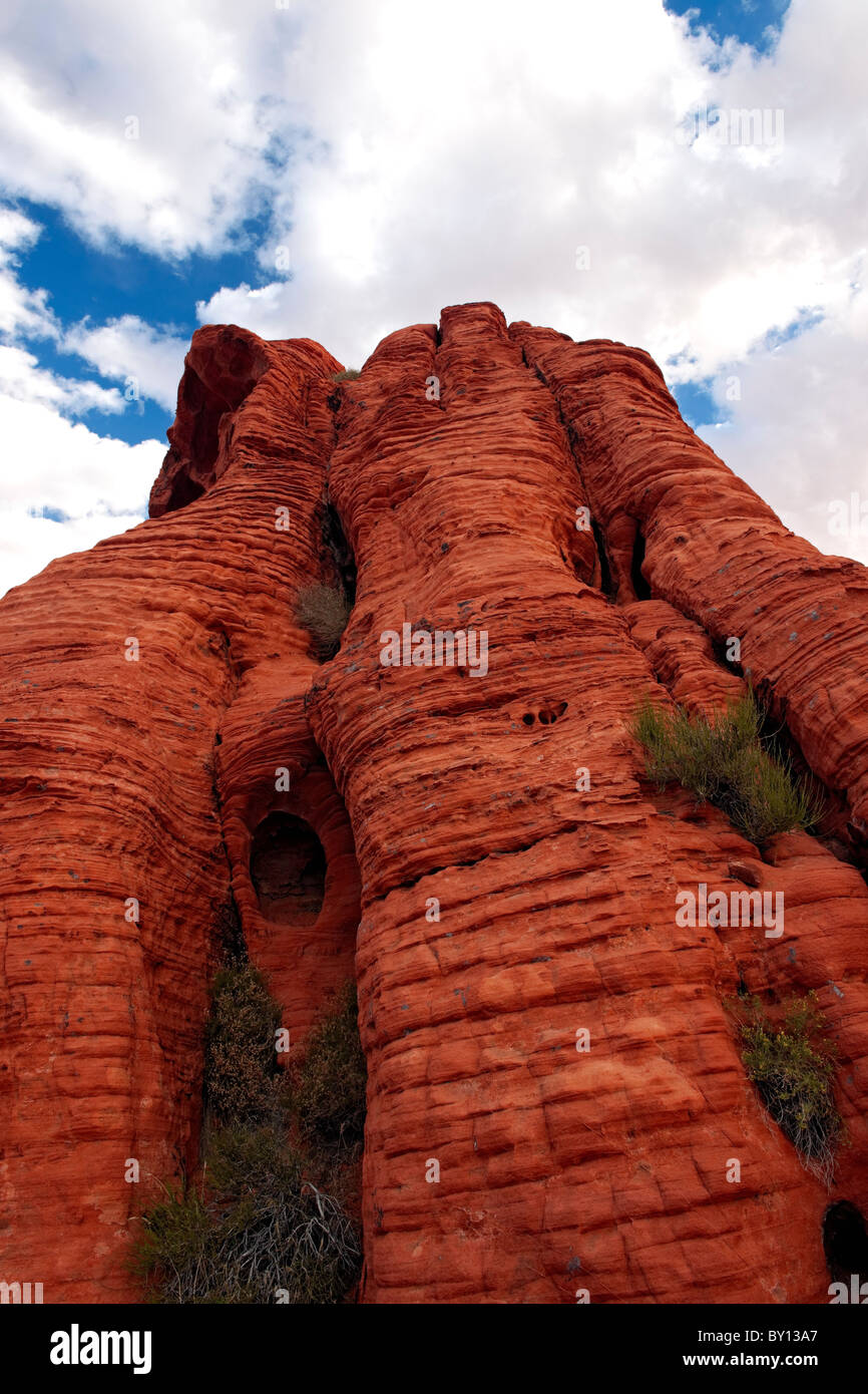 Colonnes érodées de grès rouge parmi les tas de roche dans le parc Vallée de Feu. Banque D'Images