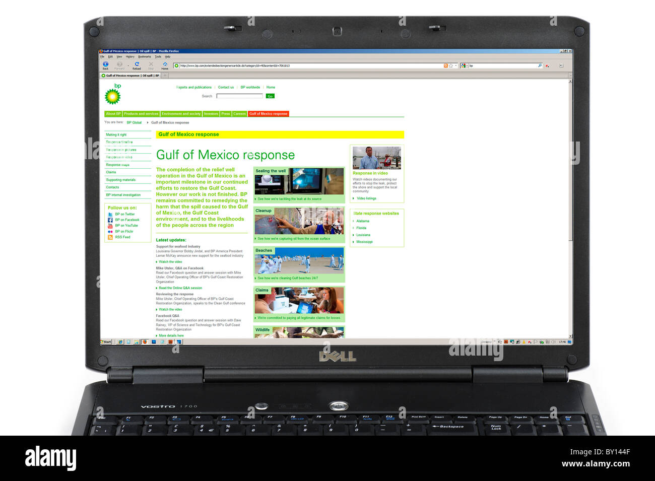Le BP Site Web soulignant les réponse à la marée noire du golfe du Mexique en 2010, UK Banque D'Images