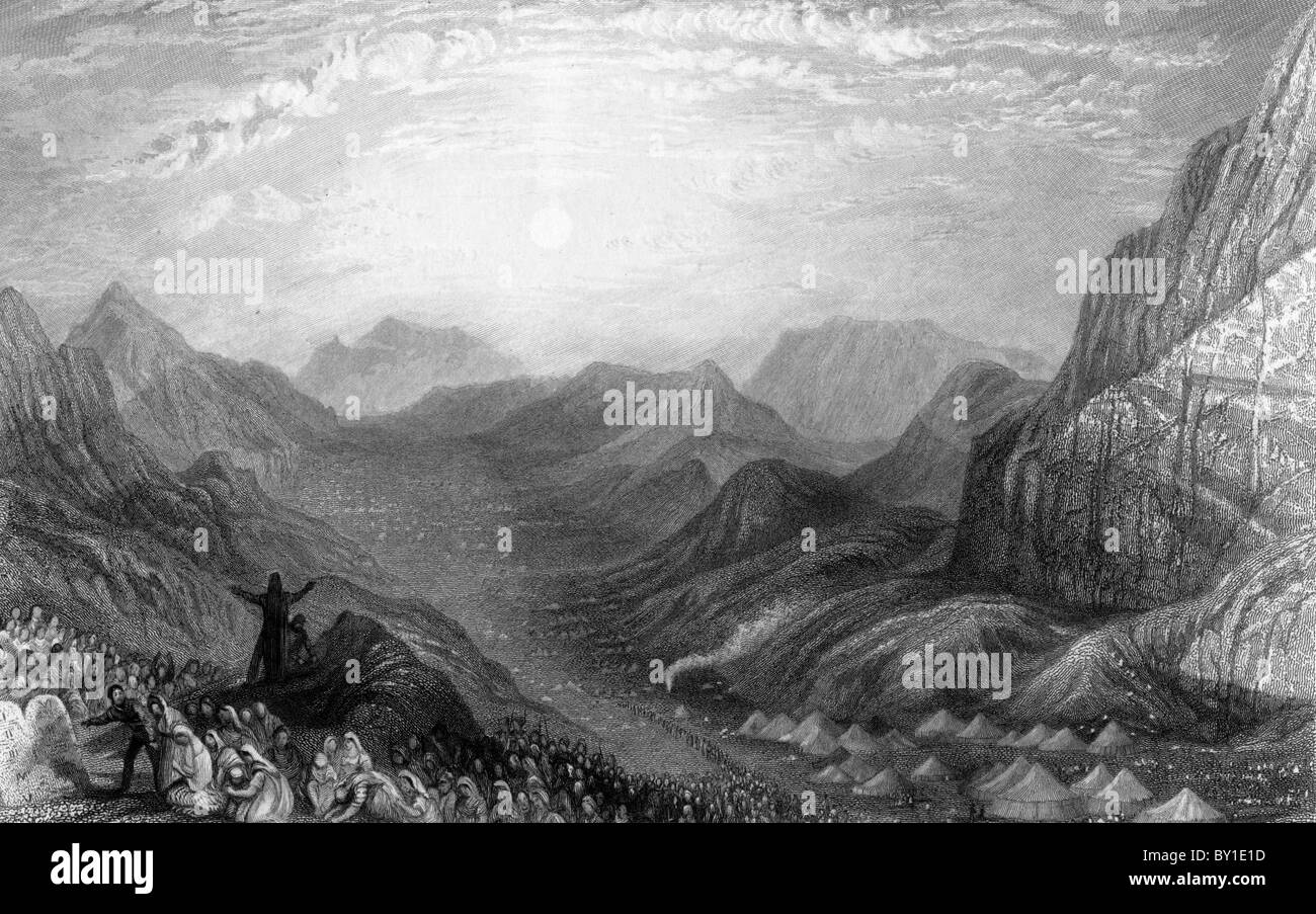 La vallée où étaient les enfants d'Israël campèrent près de la montagne de Sinaï ; 19e siècle ; l'illustration en noir et blanc Banque D'Images