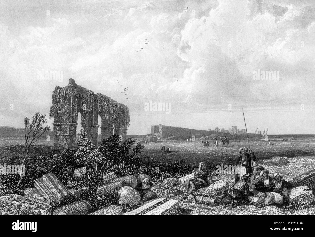 Les ruines de Tyr ; Paysage d'illustrations de la Bible 19e siècle Illustration noir et blanc ; Banque D'Images
