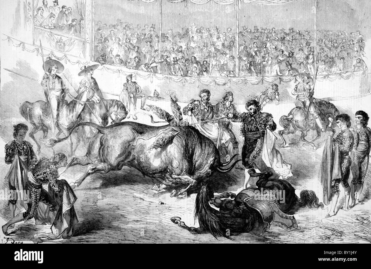 Corrida à Bayonne, avant de l'empereur et l'impératrice de France, le 14 septembre 1856 : 19ème siècle illustration noir et blanc Banque D'Images