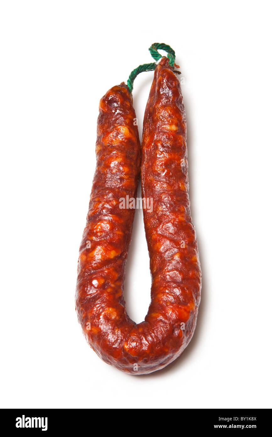 Saucisson Chorizo isolated on a white background studio. Banque D'Images