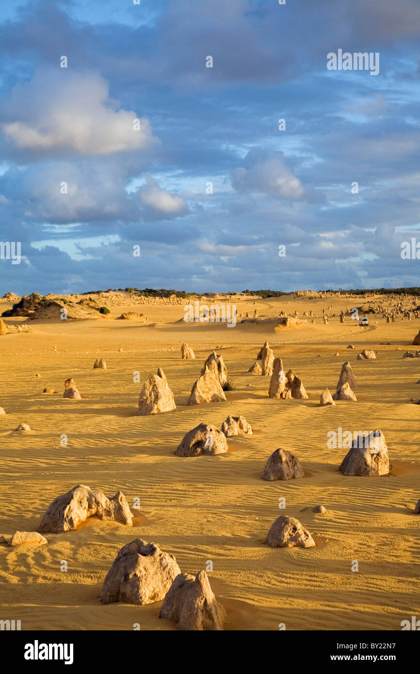 L'Australie, Australie occidentale, Cervantes, le Parc National de Nambung. Coucher du soleil dans le Désert des Pinnacles. Banque D'Images