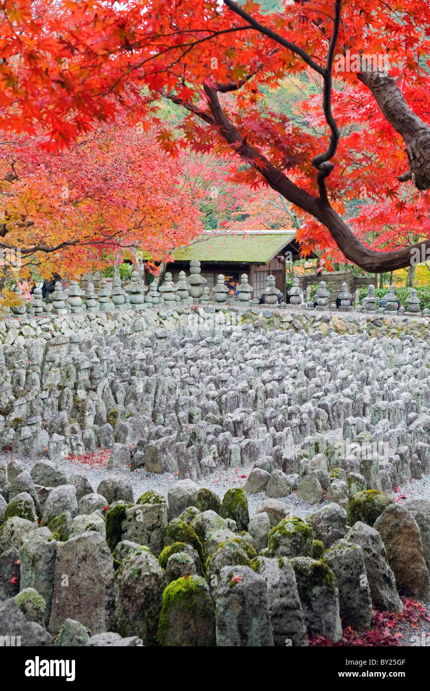 L'Asie, Japon. Sagano, Kyoto Arashiyama, Adashino Nenbutsu, dera, lanternes en pierre et des images de Bouddha Banque D'Images