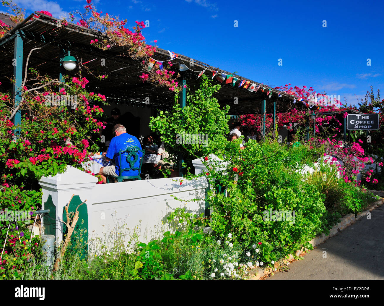 Fleurs colorées décorent un patio café. Prince Albert, Afrique du Sud. Banque D'Images