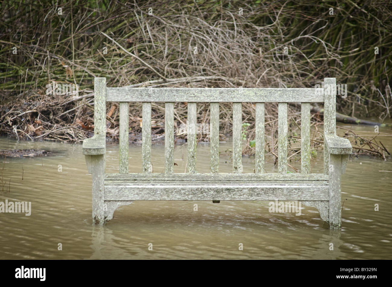 Banc dans le parc inondé Banque D'Images