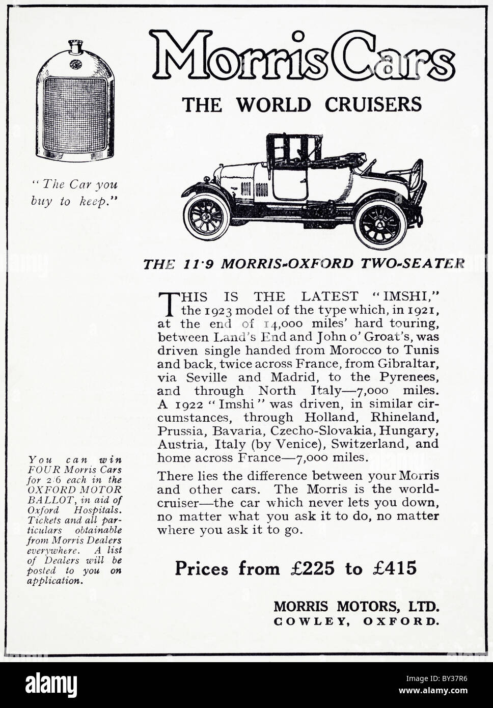 Publicité originale pour Morris Motors Ltd 11,9 Morris-Oxford Bullnose voiture fabriquée de 1920 à 1926 dans la région de Cowley Oxford England UK Banque D'Images