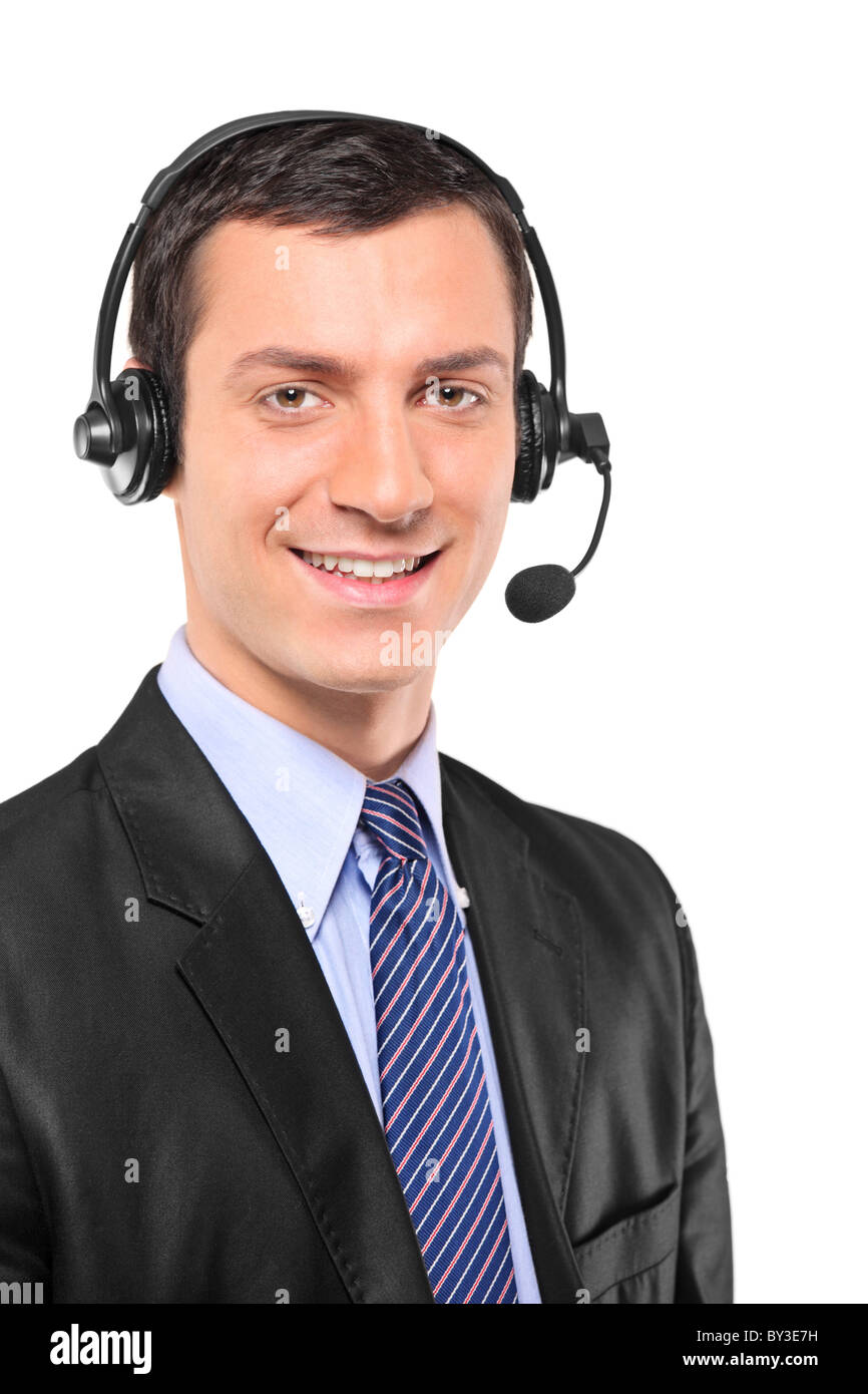 Portrait d'un jeune opérateur de service client le port d'un casque Banque D'Images