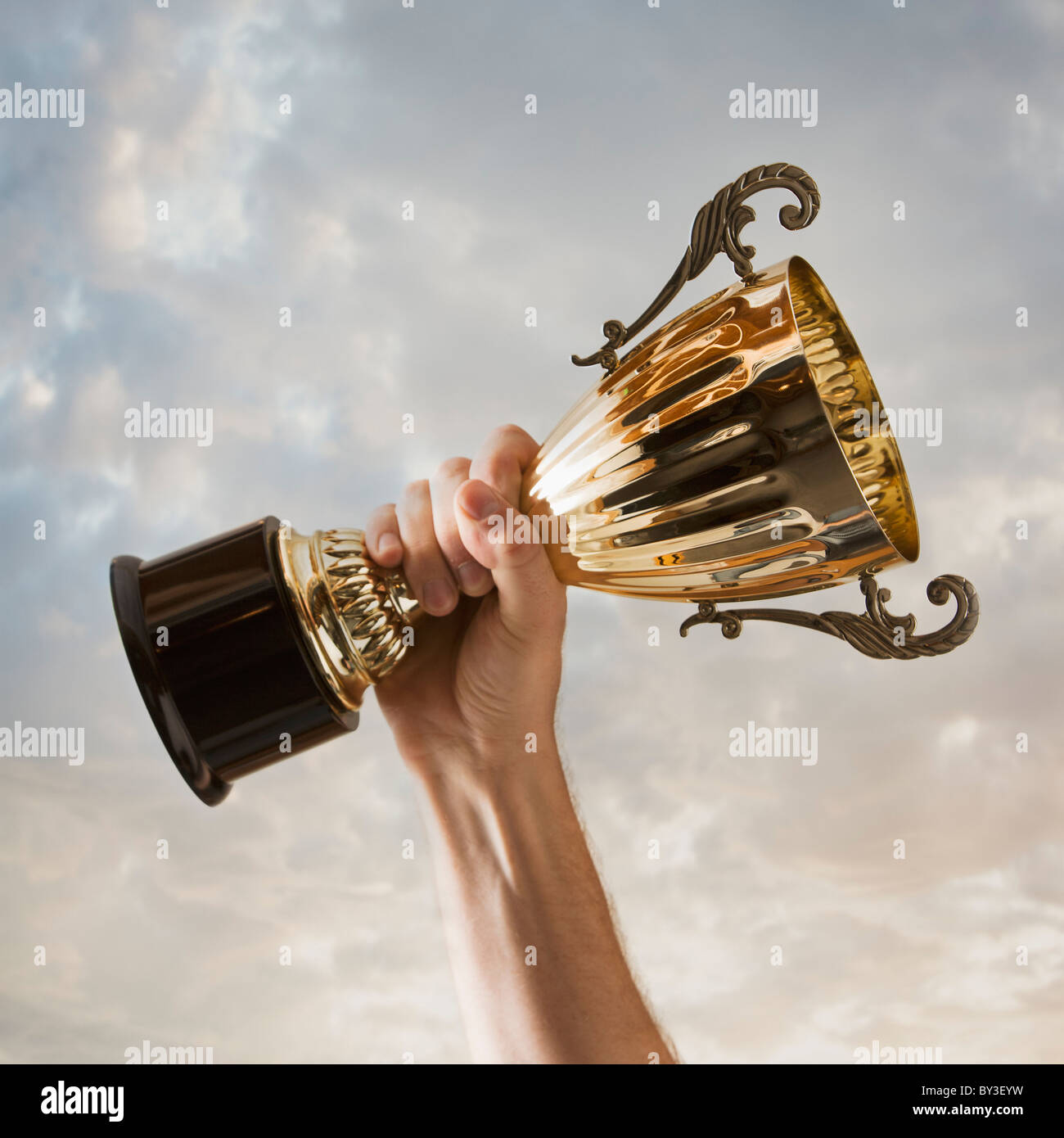 Hand holding trophy against sky Banque D'Images