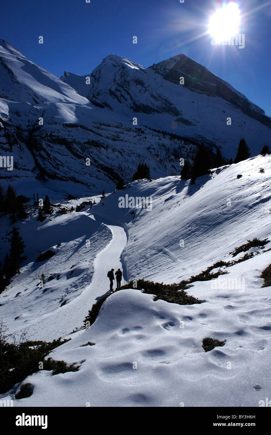 Winterwanderweg von Sunnbüel zum Gemmi, Kandersteg, Oberland Bernois Alpen, hinten das Rinderhorn, Schweiz Banque D'Images