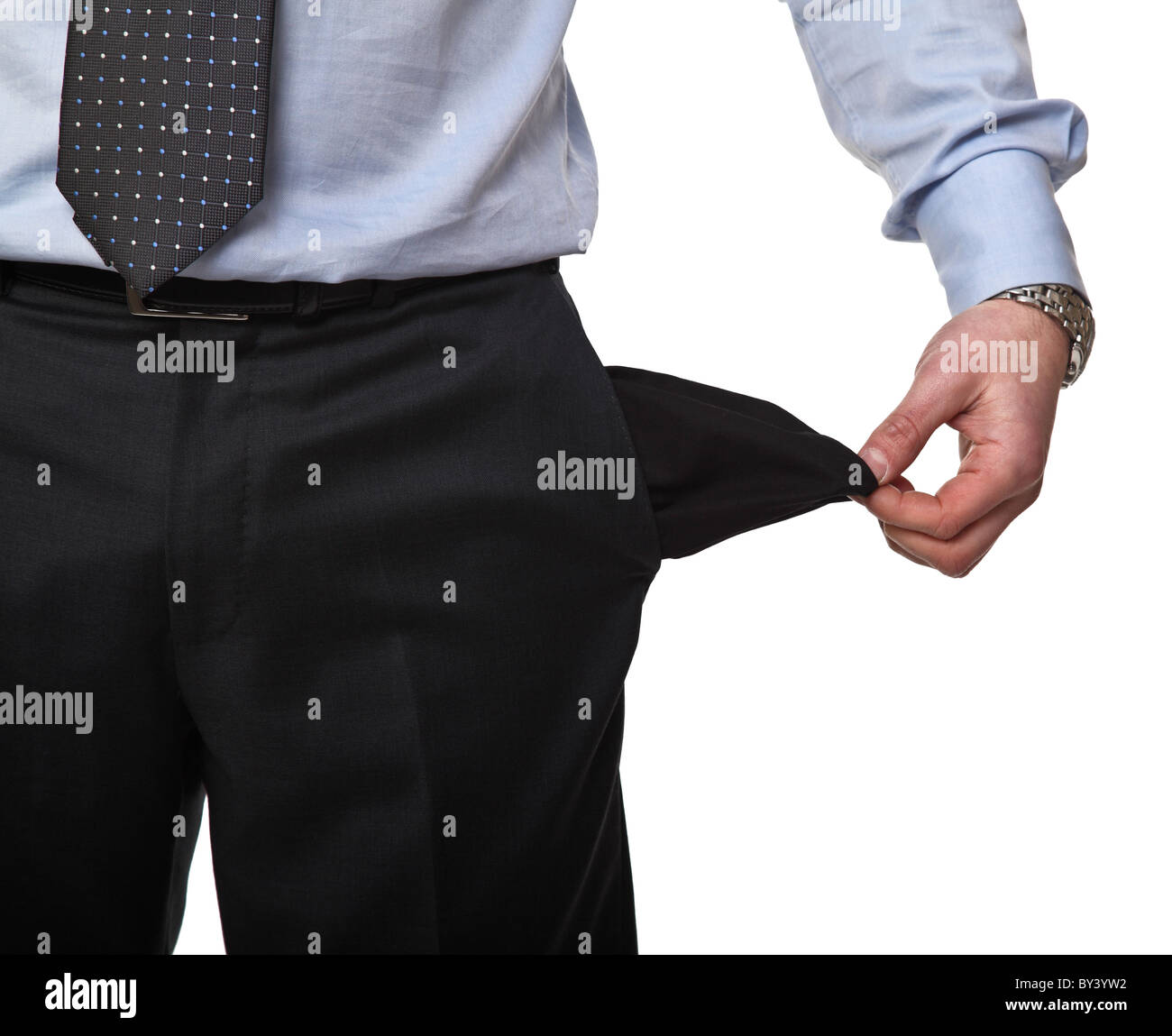 Bhusinessman montrer sa poche vide isolé sur fond blanc Banque D'Images