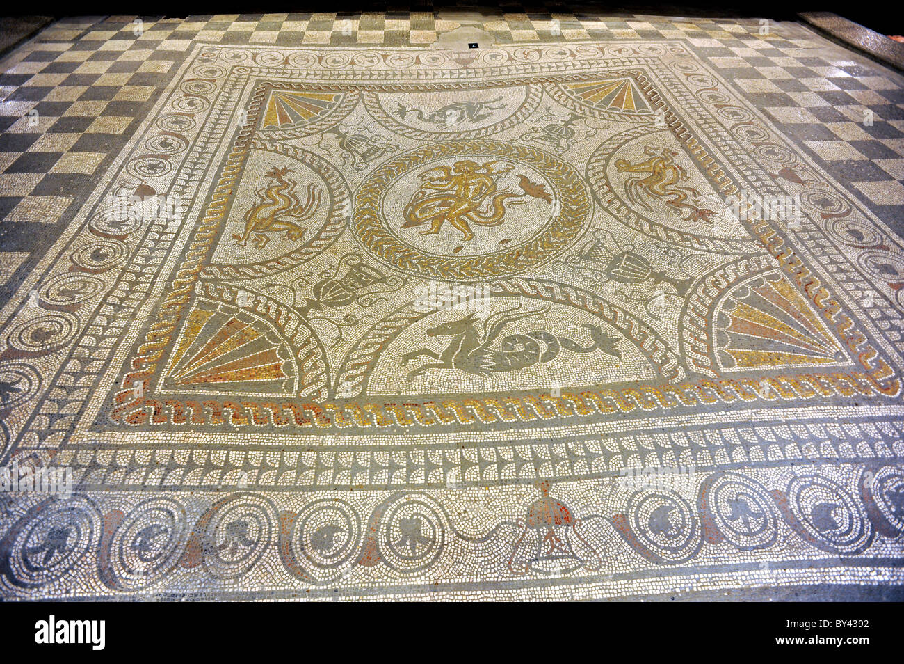 L'un des plus complets à mosaïques Fishbourne Roman Palace, Cupidon sur une mosaïque de dauphin Banque D'Images