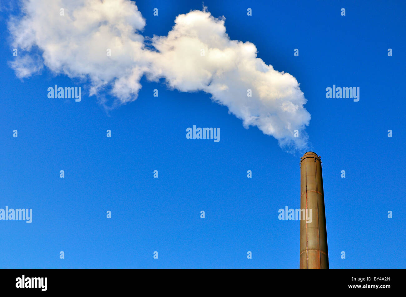 La vapeur blanche sortant d'une grande cheminée. Banque D'Images