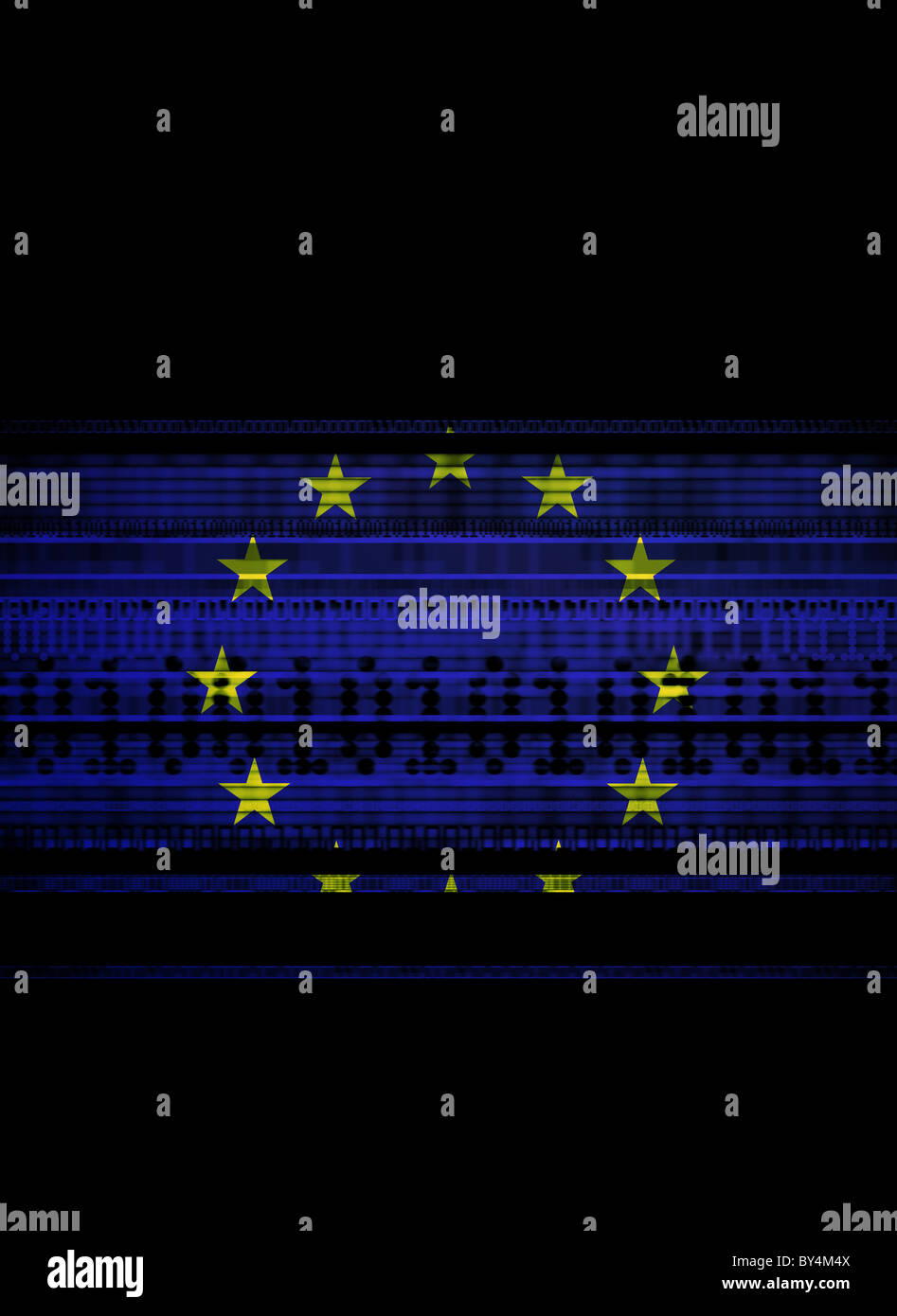 Le drapeau européen mélangé avec une illustration d'un code binaire, la représentation des données, sécurité, internet, télécommunications mondiales Banque D'Images