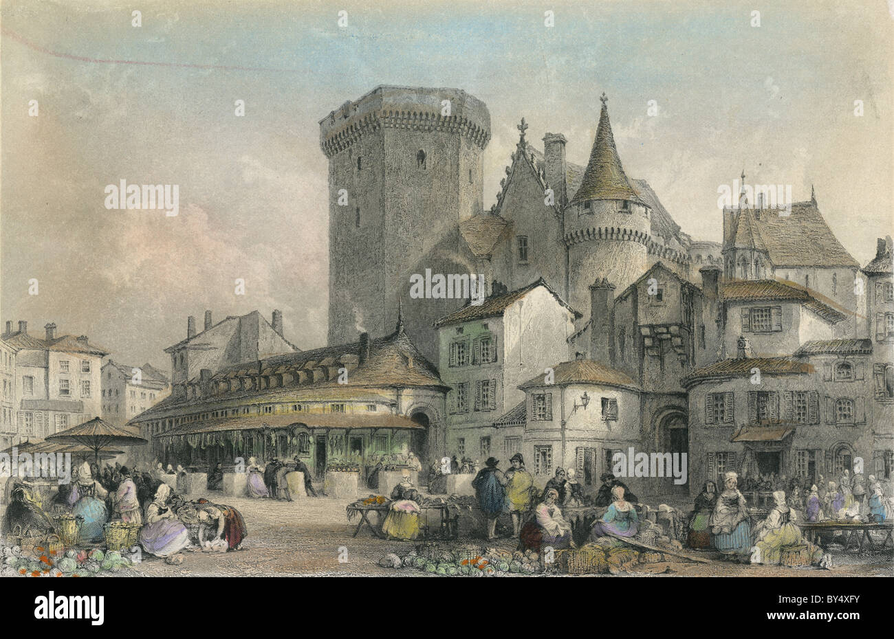 Circa 1860s à la main, gravure d'un marché Français à Angoulême, par Thomas Allom (1804-1872). SOURCE : gravure originale. Banque D'Images