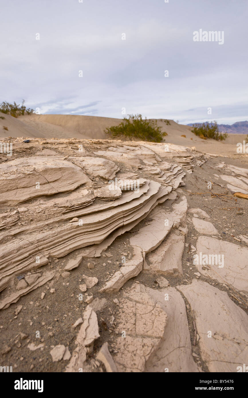 La boue séchée fissures dans l'ancien lit du lac du mesquite Flat Sand Dunes in Death Valley National Park, California, USA. Banque D'Images