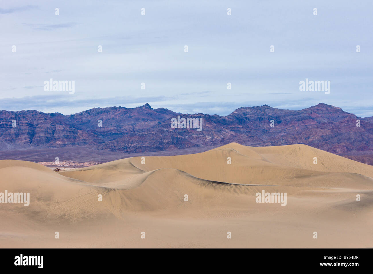 Crépuscule à la télévision Mesquite Sand Dunes avec l'Amargosa dans les montagnes du Parc National de la vallée de la mort, désert de Mojave, Californie, USA. Banque D'Images