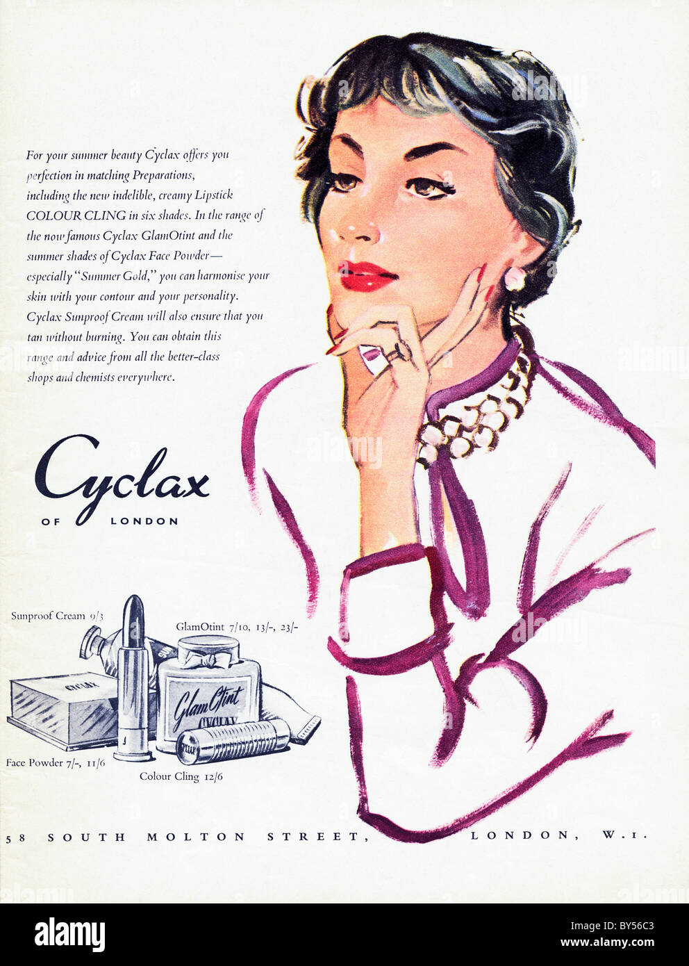 1950 publicité pleine page couleur dans la mode féminine magazine pour les cosmétiques Cyclax Banque D'Images