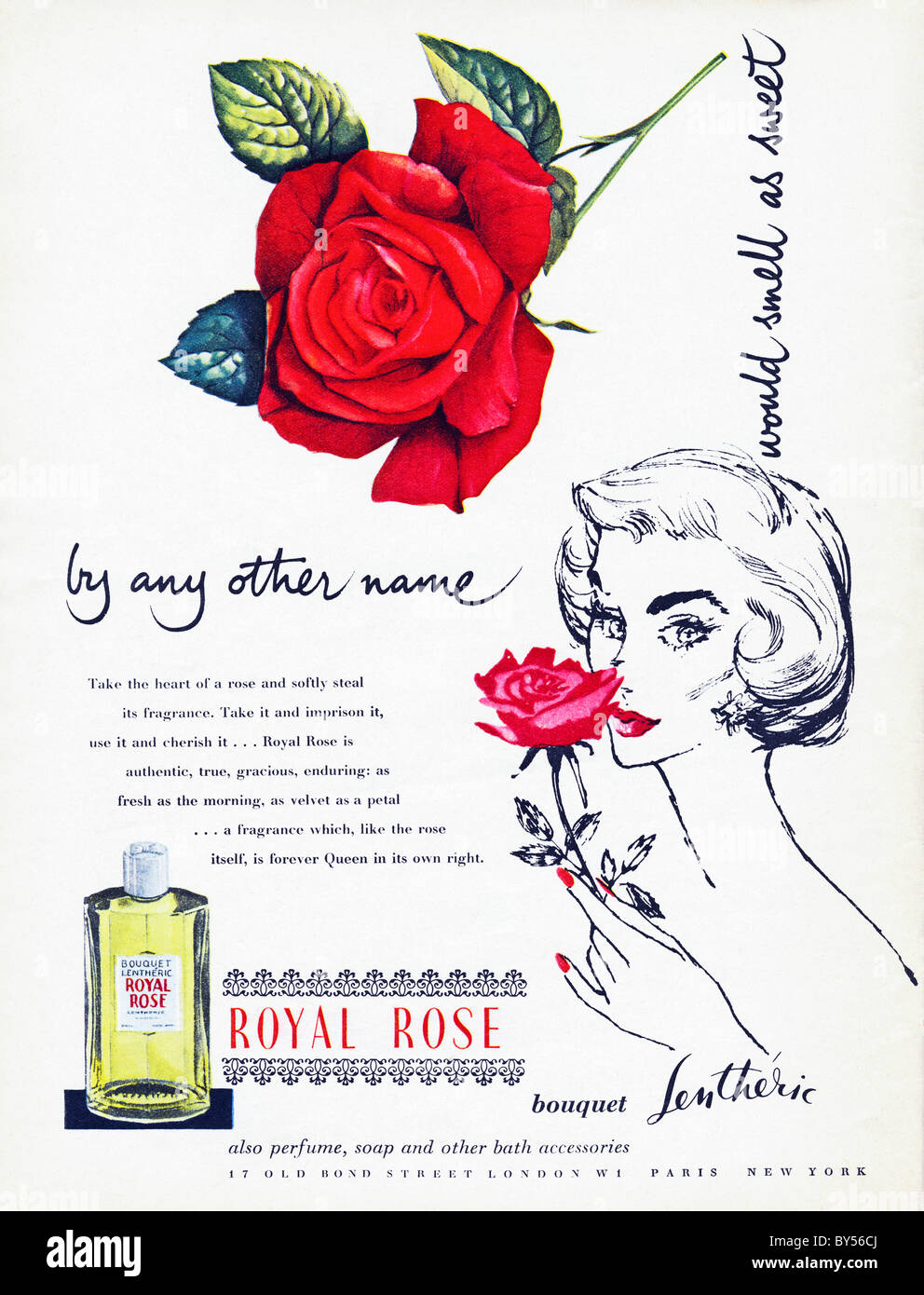 1950 publicité pleine page couleur dans la mode féminine magazine pour Lentheric parfum Rose Royale Banque D'Images