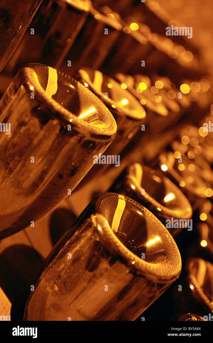 Détail de bouteilles de champagne dans un rack Banque D'Images