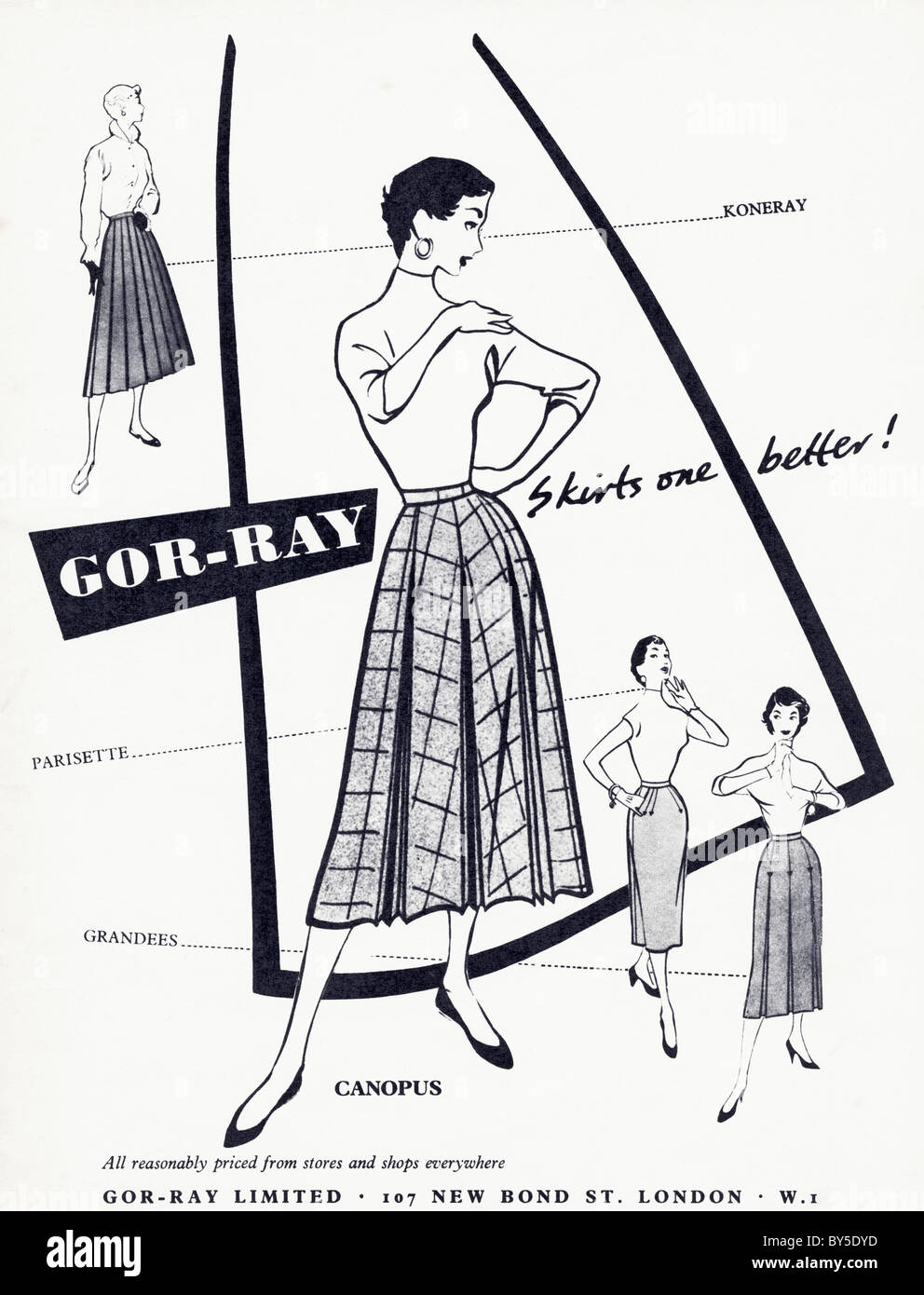 1950 Annonce d'une page de magazine de mode pour femmes jupes Gor-Ray Banque D'Images
