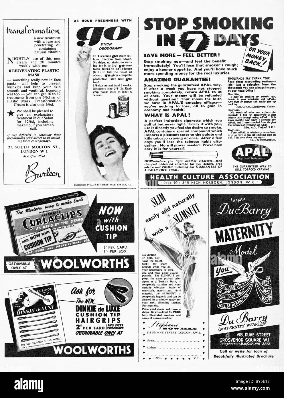 1950 pleine page de diverses annonces dans le magazine de mode pour femmes Banque D'Images