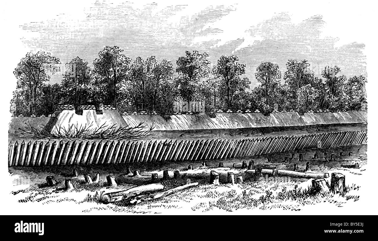 Cette gravure de 1866 montre la ligne de défense construite par général confédéré Weitzel près de Petersburg, New York. Banque D'Images