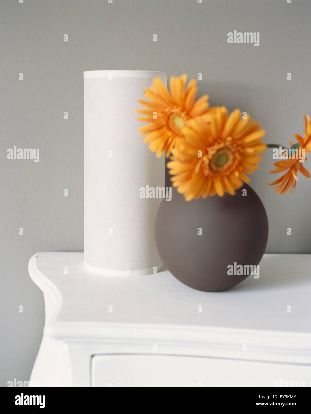 Still-Life d'orange dans les œillets sphériques gris vase à côté vase cylindrique blanc Banque D'Images
