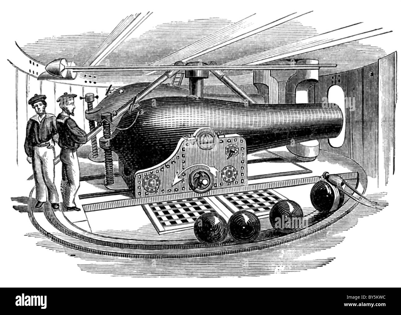 Les deux canons lourds sur le cuirassé Monitor déplacé sur le fer forgé sur la base de la tourelle. Banque D'Images