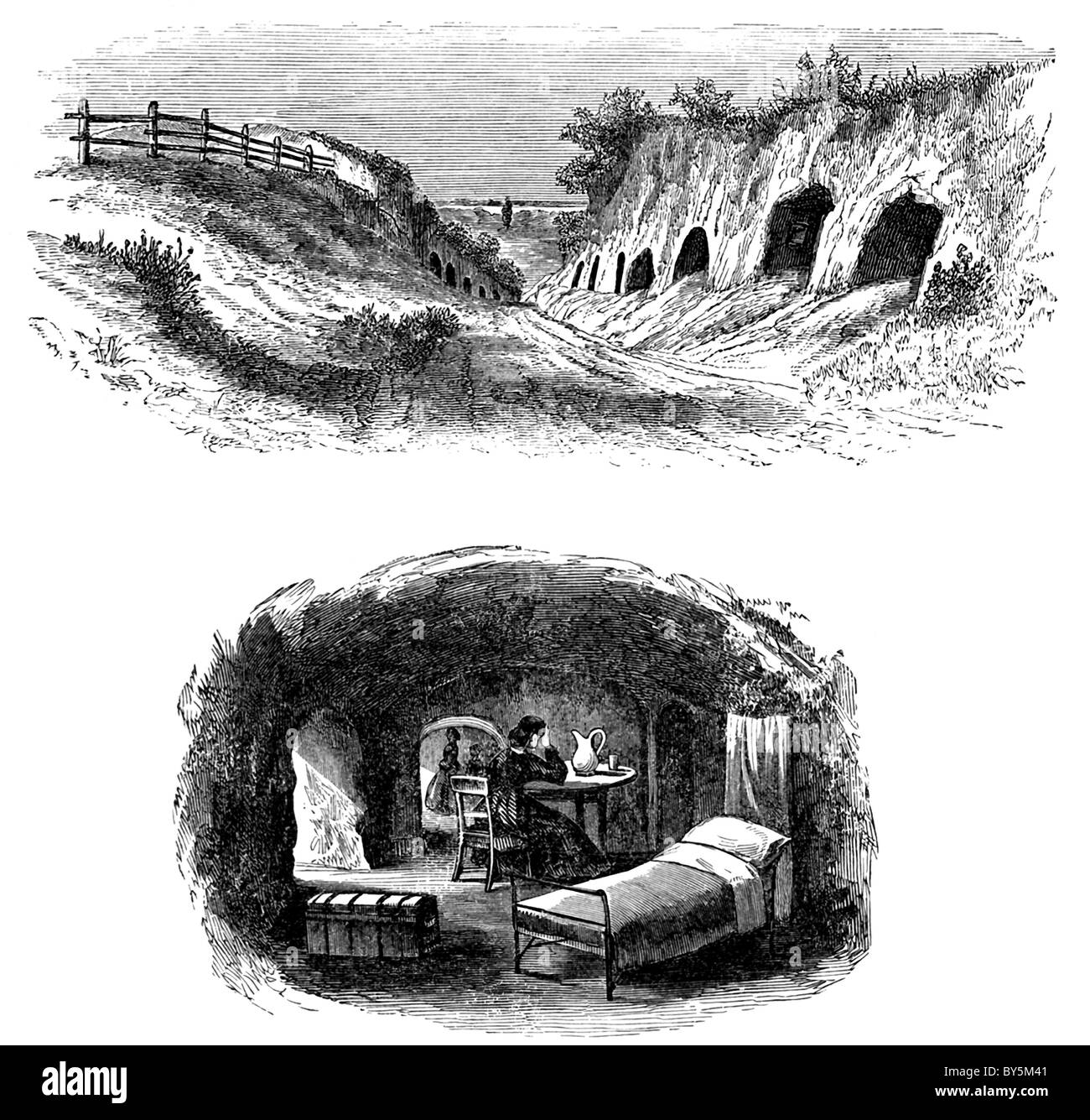 Ces gravures date d'avril 1886 et d'illustrer les grottes près de Vicksburg, Mississippi, à la guerre civile. Banque D'Images