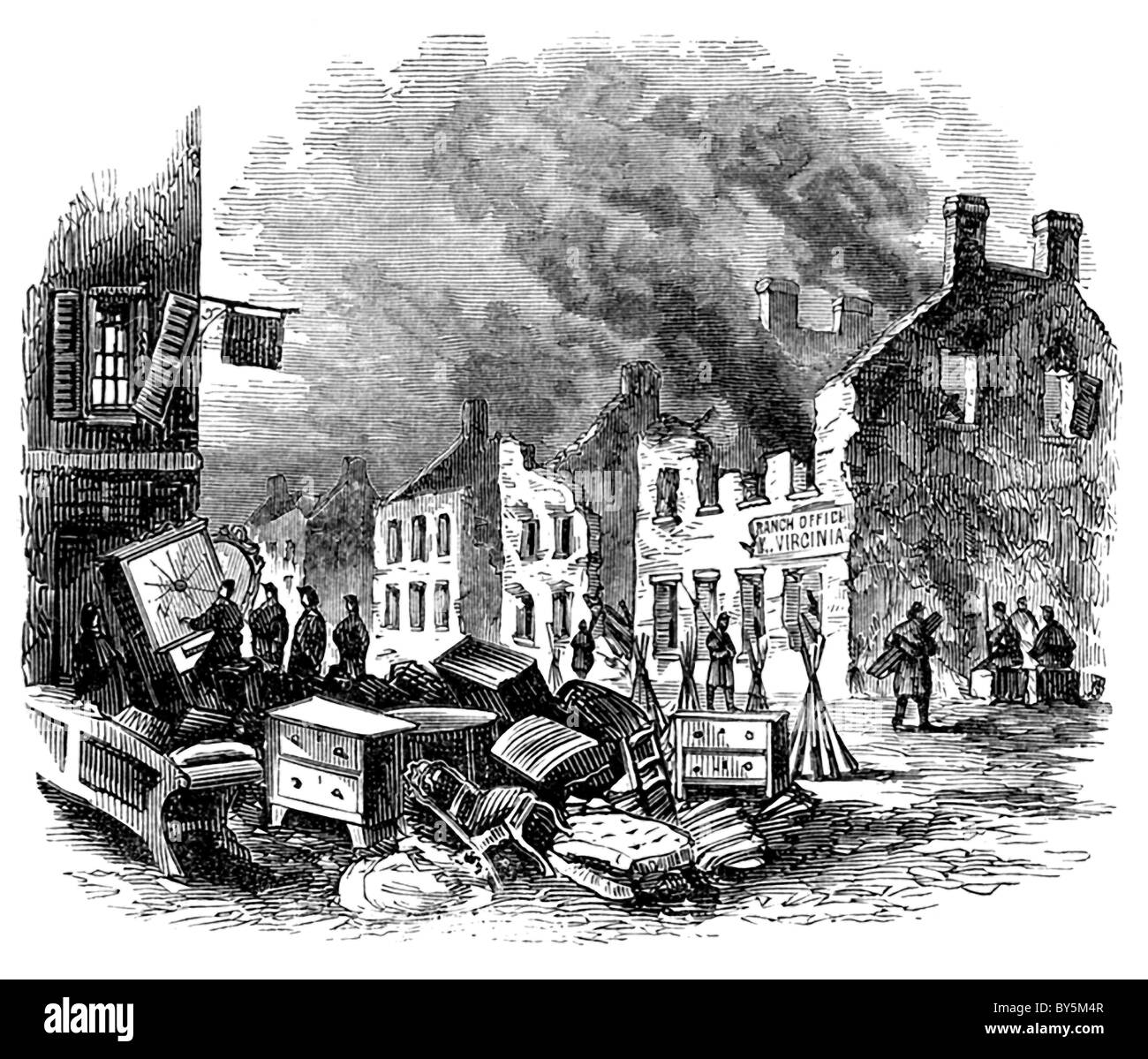 Le 11 décembre 1862, Fredericksburg, Virginia, a été lourdement bombardée et plusieurs bâtiments incendiés. Banque D'Images