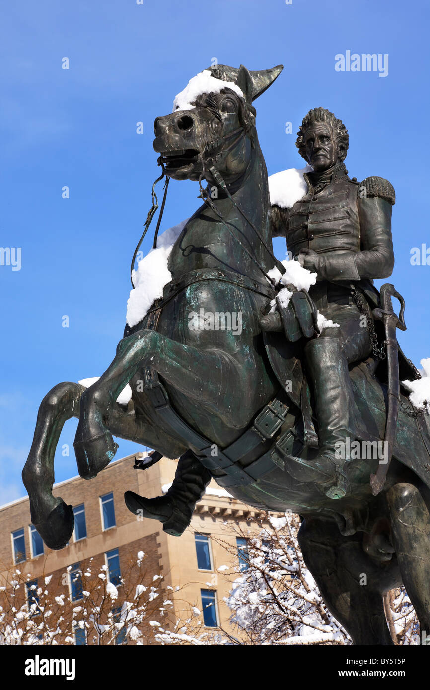 Andrew Jackson Statue Cheval President's Park Lafayette Square Washington DC la neige après avoir construit dans 1850 Clark Mills Sculpteur Banque D'Images