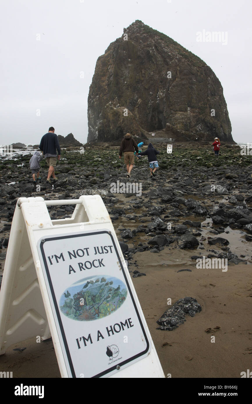 Signe de marée Haystack Rock Cannon Beach Oregon Coast National Wildlife Refuge Banque D'Images
