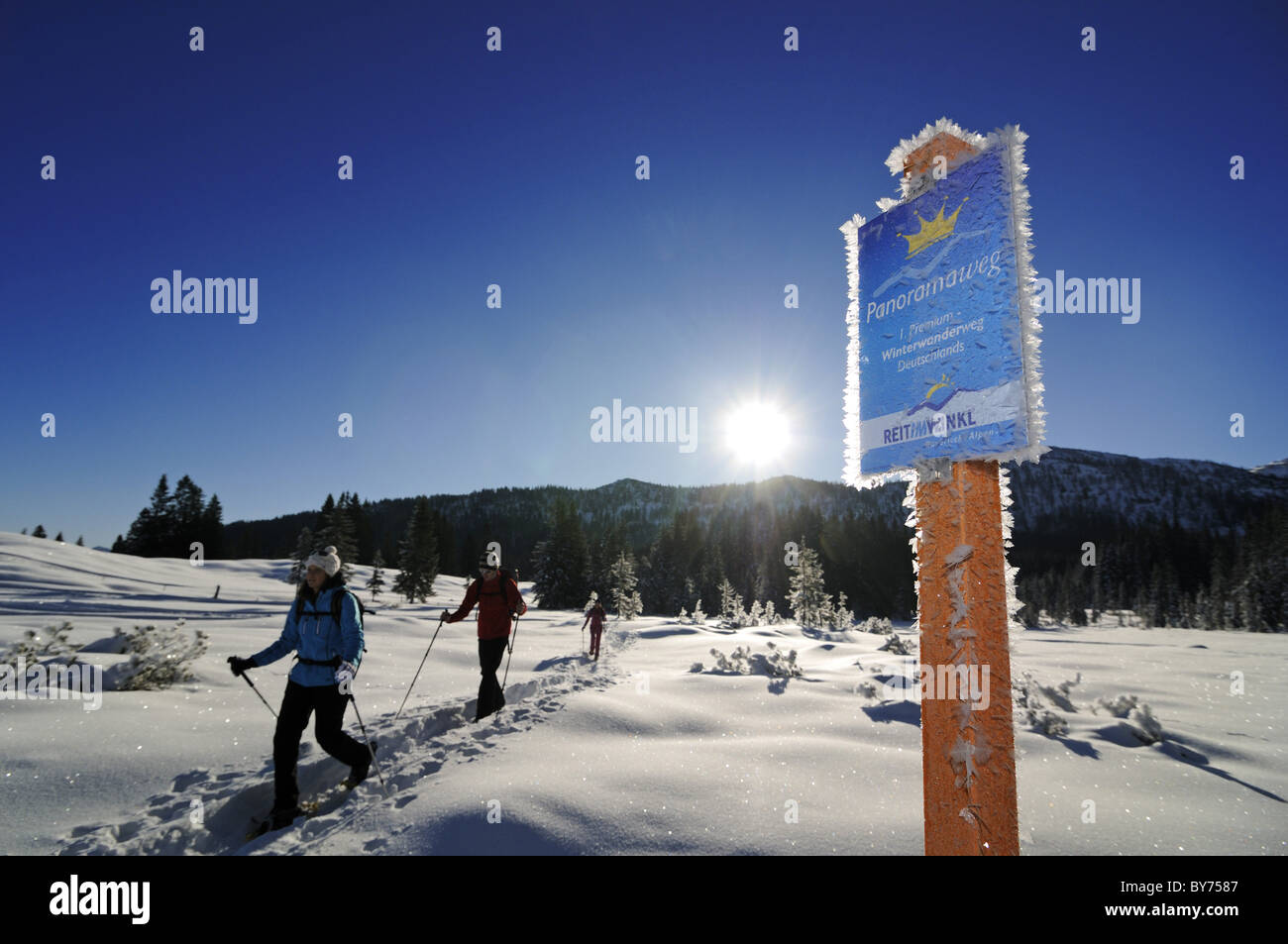 La raquette et signe en paysage d'hiver givré, Hemmersuppenalm, Reit im Winkl, Chiemgau, Upper Bavaria, Bavaria, Germa Banque D'Images