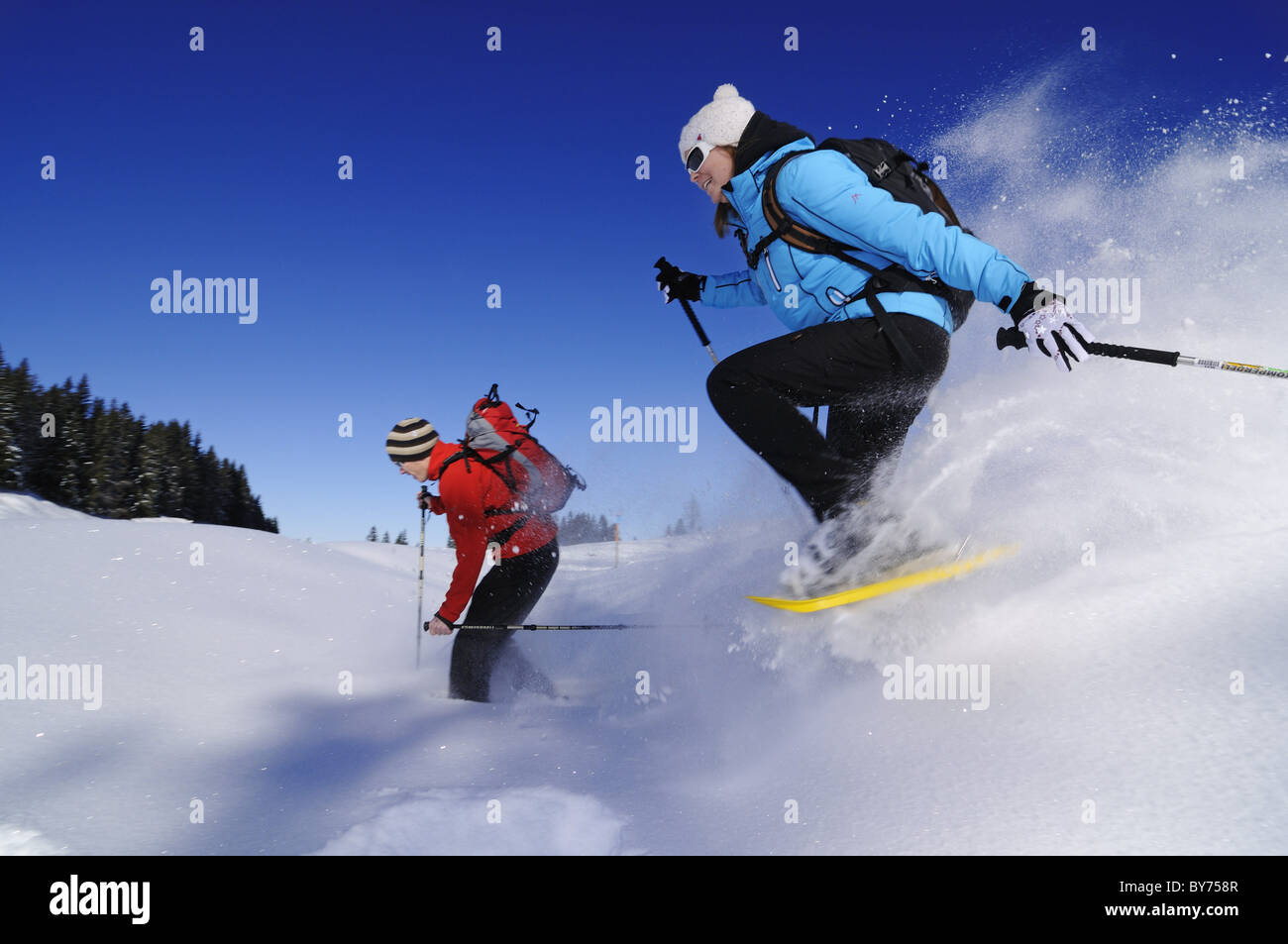 Les gens de la raquette sous ciel bleu, Hemmersuppenalm, Reit im Winkl, Chiemgau, Haute-Bavière, Bavaria, Germany, Europe Banque D'Images