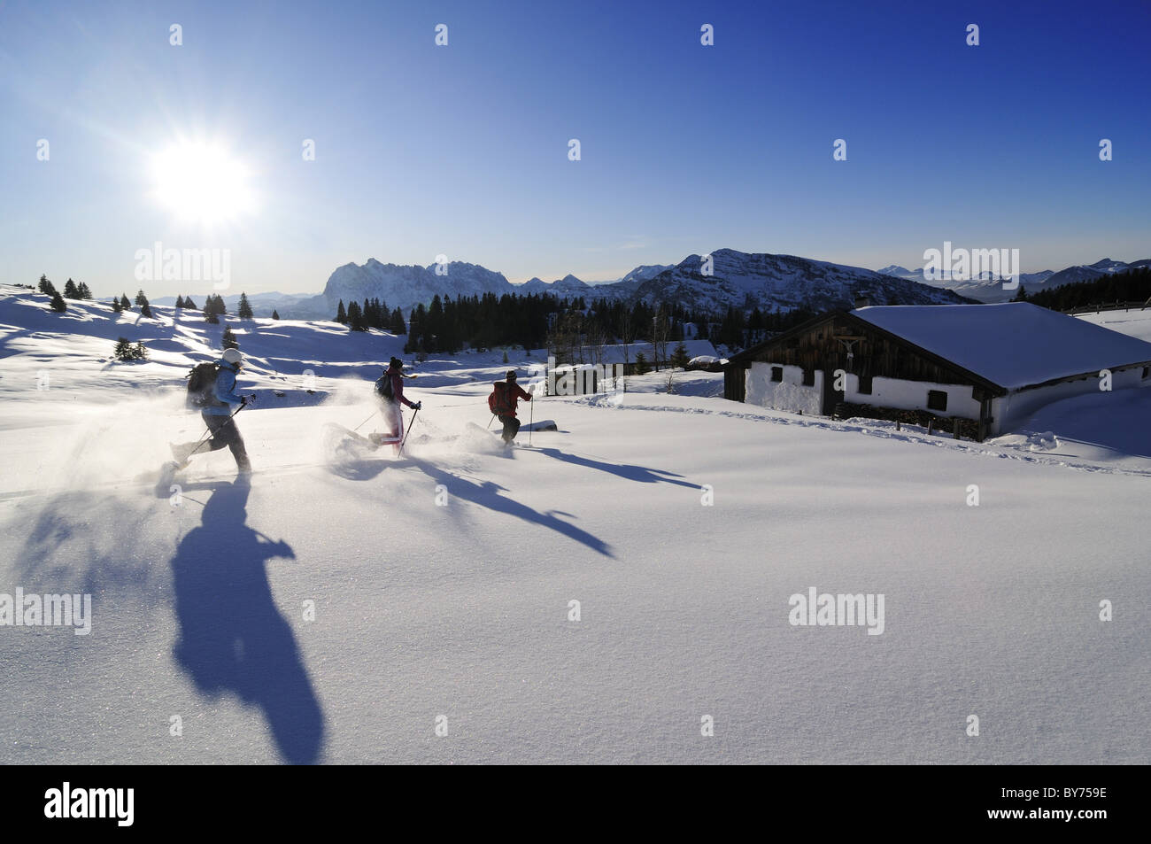Les gens de raquette en paysage enneigé, Eggenalm, Reit im Winkl, Chiemgau, Haute-Bavière, Bavaria, Germany, Europe Banque D'Images