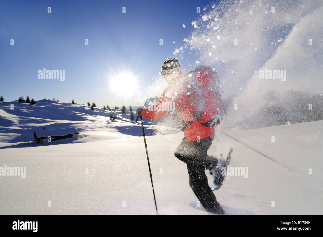 Homme de raquette en paysage enneigé, Eggenalm, Reit im Winkl, Chiemgau, Haute-Bavière, Bavaria, Germany, Europe Banque D'Images