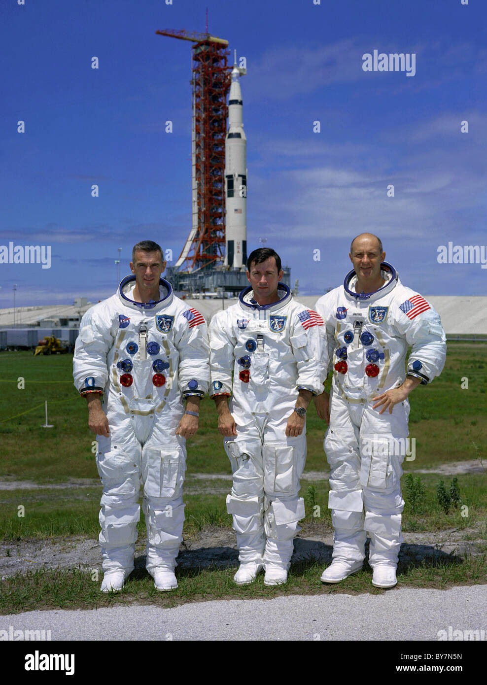 Le premier équipage de la mission Apollo 10 en orbite lunaire, Eugene A. Cernan, John W. Young et Thomas P. Stafford. Banque D'Images