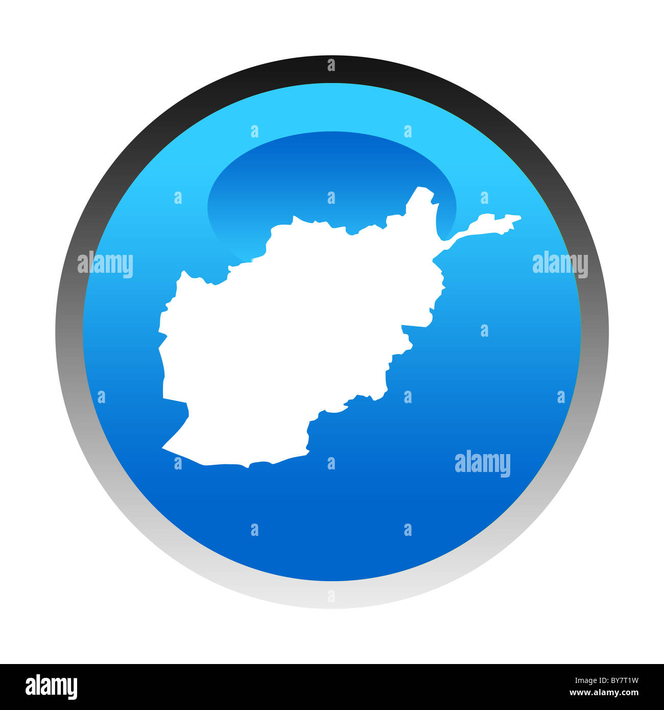 Carte Afghanistan bouton circulaire bleu isolé sur fond blanc. Banque D'Images
